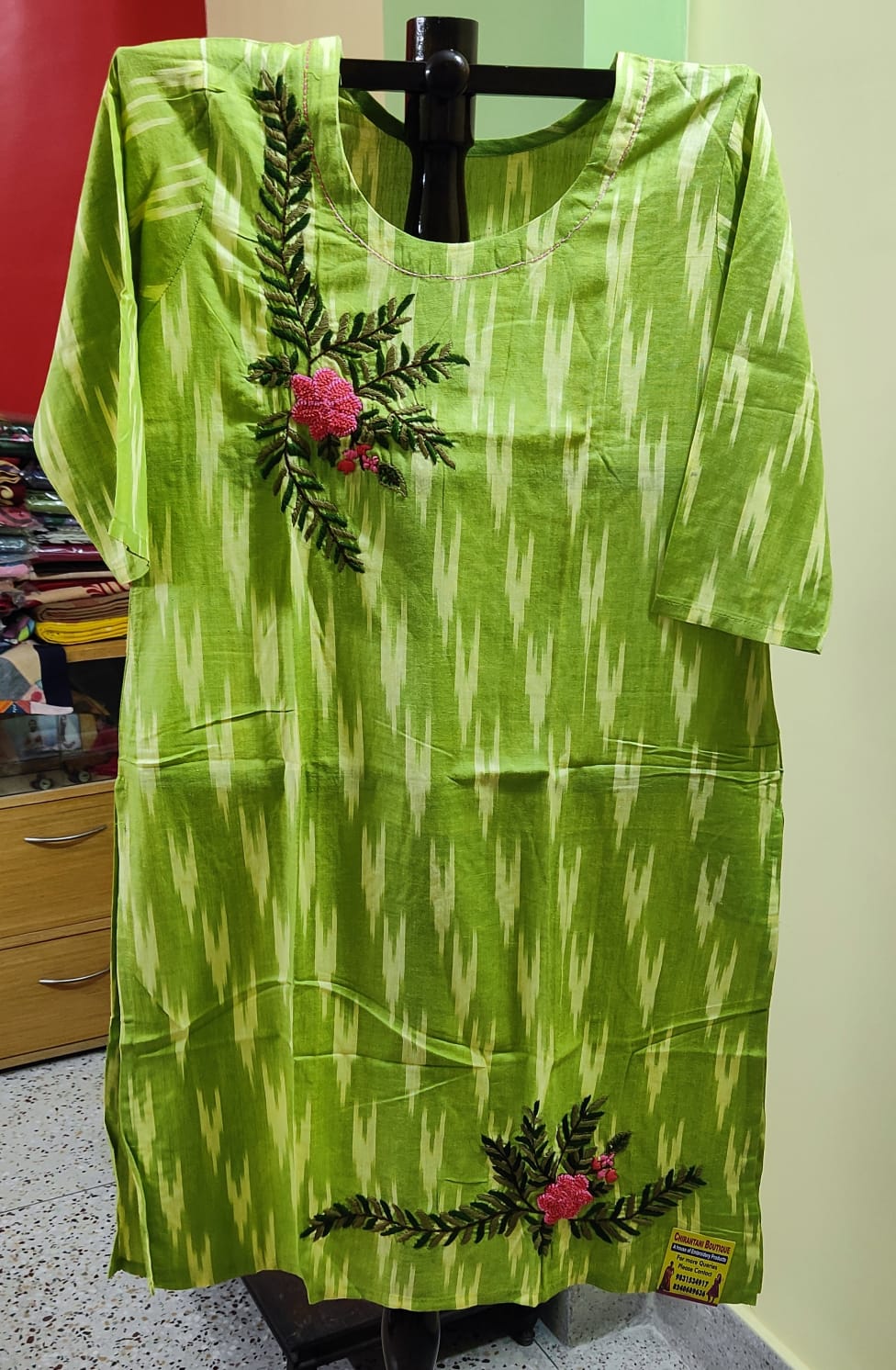 Cotton Ikat Kurti — Floral Embroidery