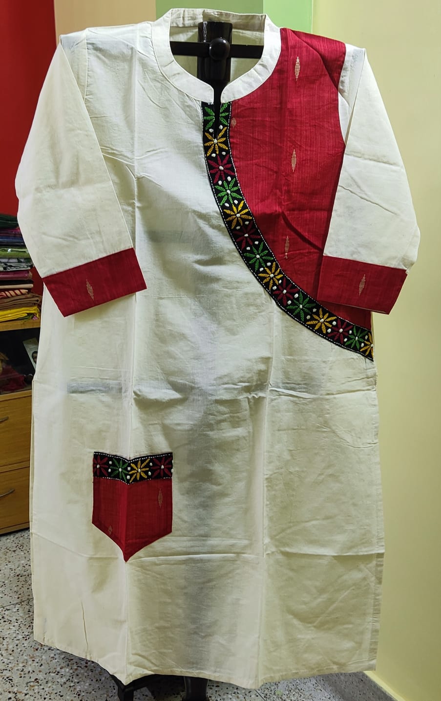 Cotton Kurta — Colour-Block Panel, Size 46