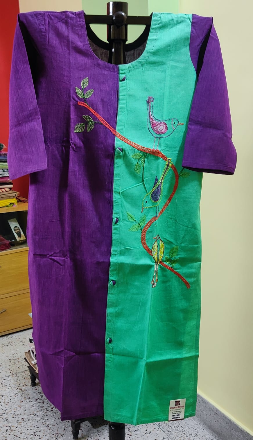 Cotton Kurti — Dual-Tone Bird Embroidery