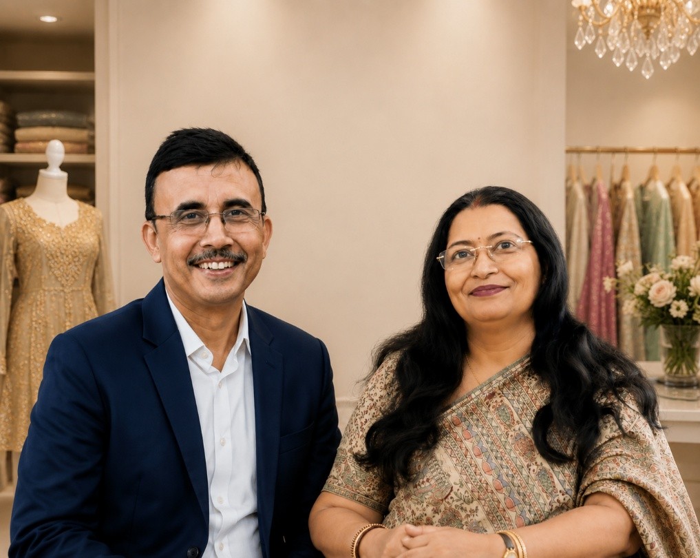 Jhuma and Saswata Ghosh, founders of Chirantani Boutique, standing together inside their Kolkata boutique