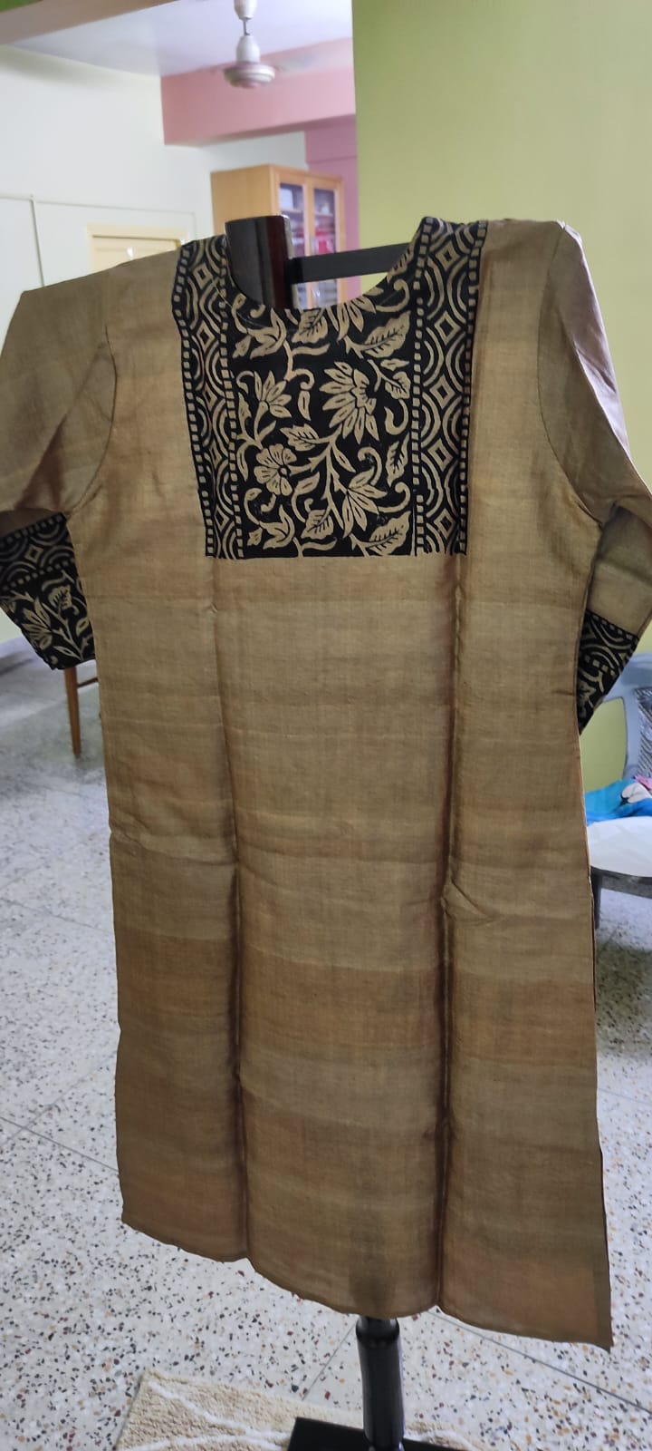 Tussar Silk Kurti — Block Print Panel - Image 3