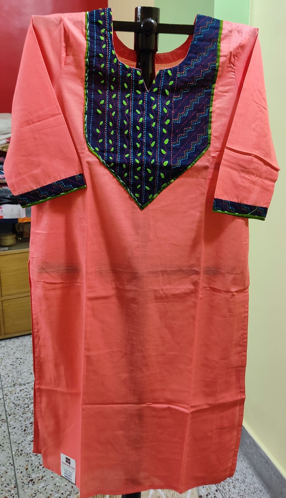 Cotton Kurti — Contrast Embroidered Yoke, Size 42