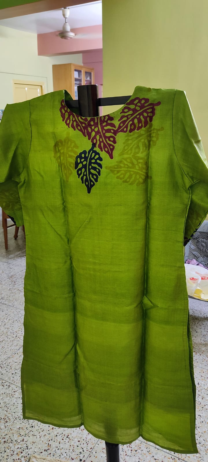 Tussar Silk Kurti — Batik Leaf Print - Image 3