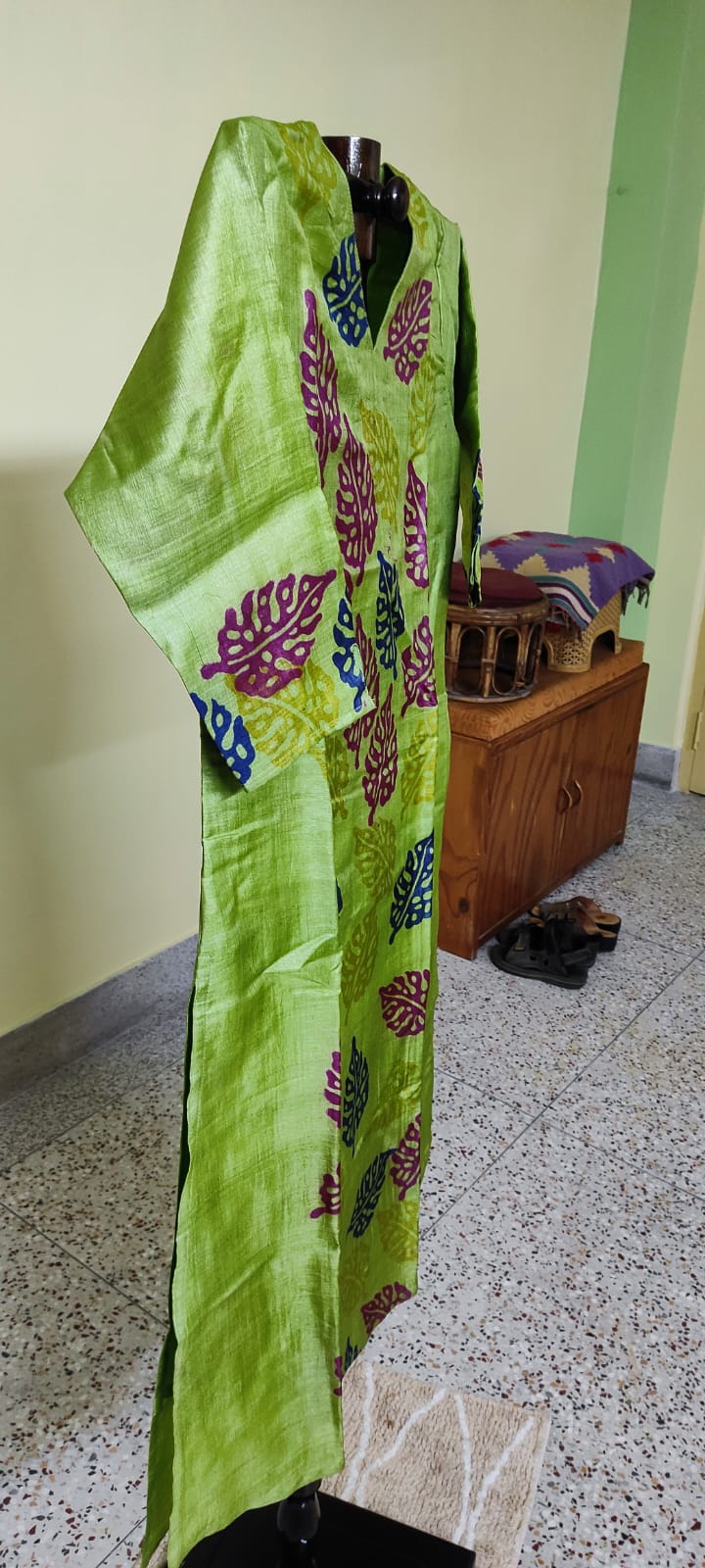 Tussar Silk Kurti — Batik Leaf Print - Image 4