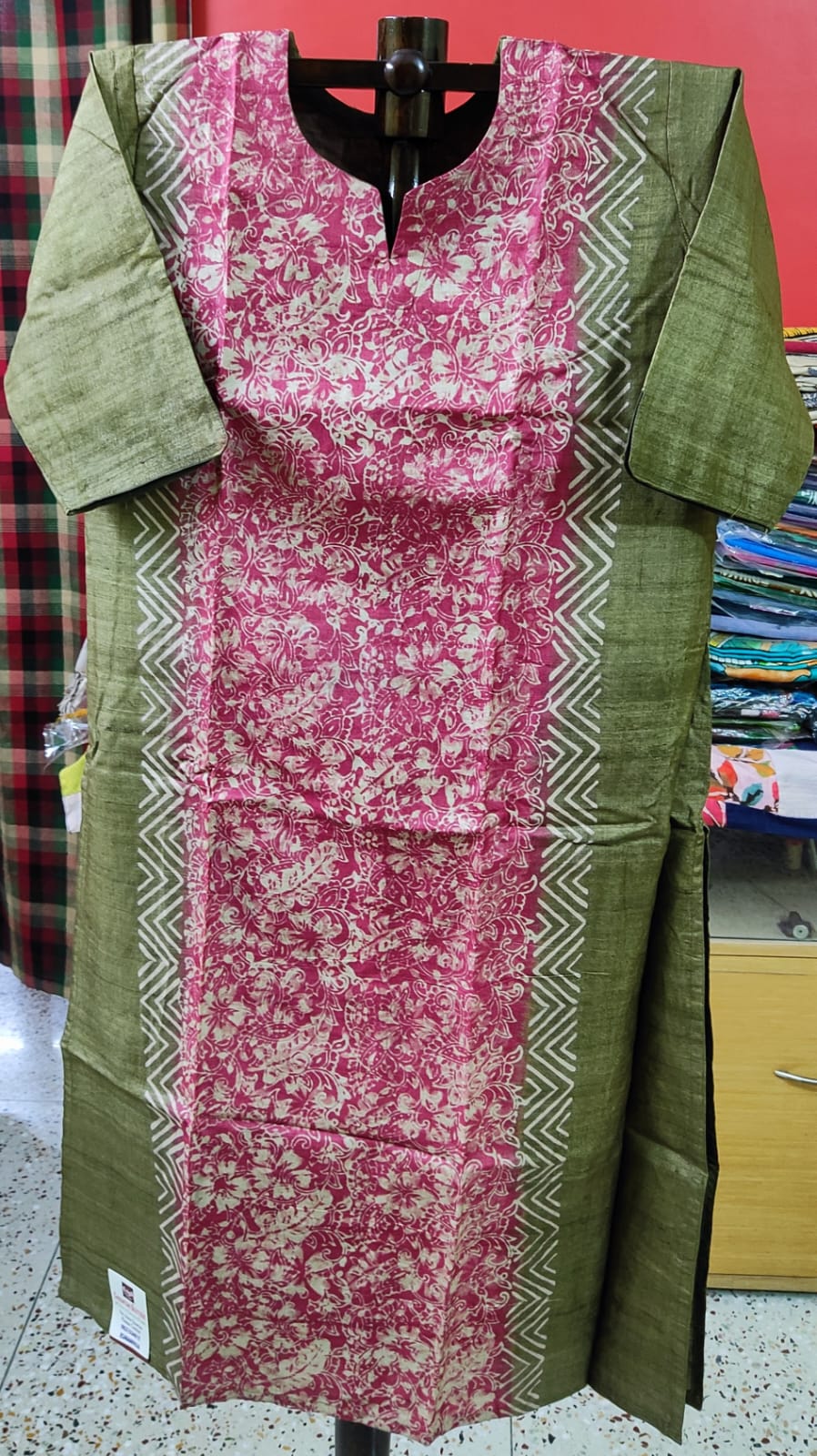 Pure Tussar Silk Kurti — Block Print Front Panel