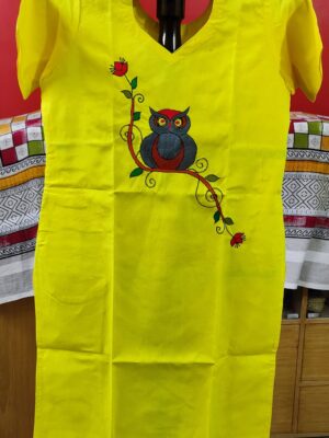 Pure Cotton Kurti — Hand-Painted Owl Motif